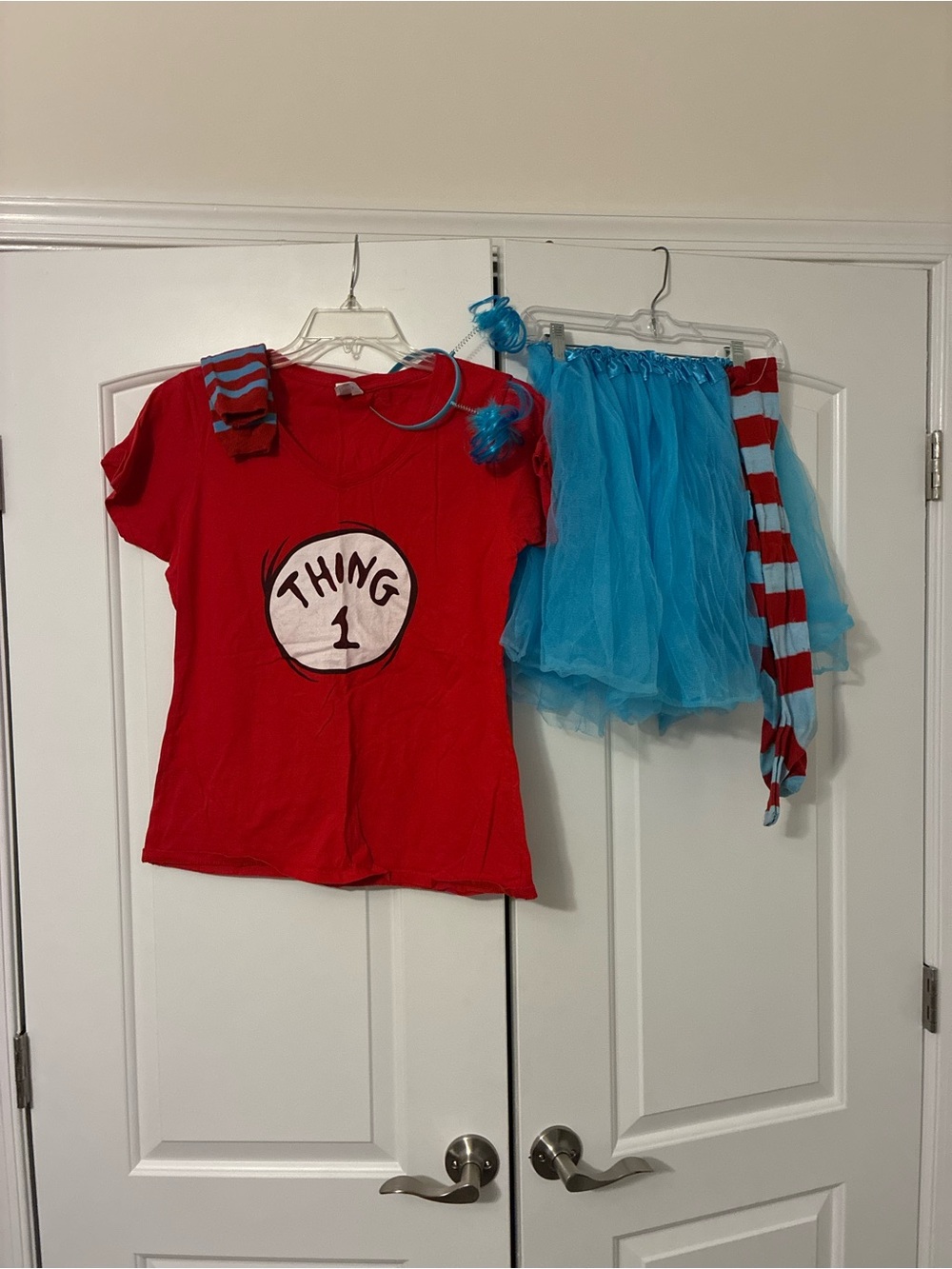 Dr Seuss Inspired Thing 1 Womens Costume Lg Shirt, Tutu, Headband, Socks, Gloves